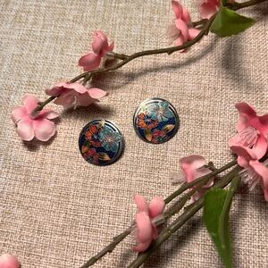 VINTAGE Clip-On Blue and Red Floral Enamel Cottagecore Grandma Round Earrings